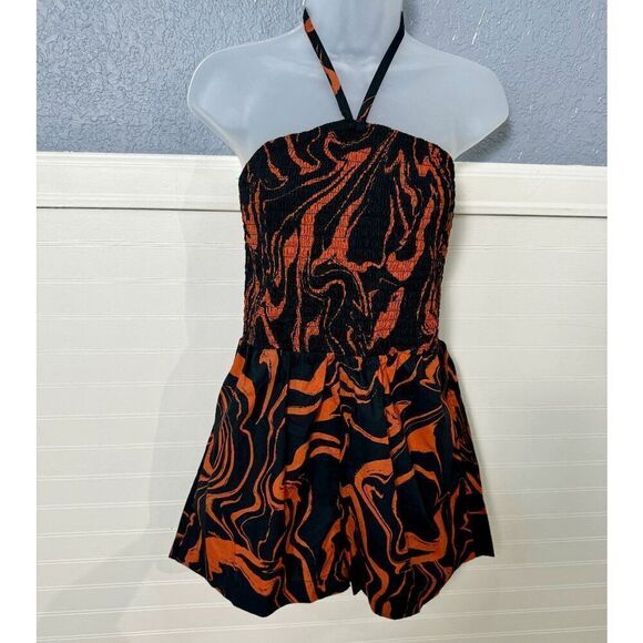 The Get Orange & Black Print Smocked Halter Romper - Picture 6 of 9